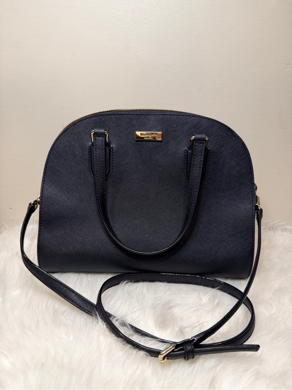 Kate Spade Black Dome Satchel with Gold Plaque